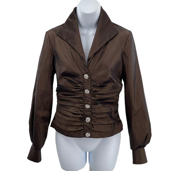 Tadashi Brown Taffeta Ruched Rhinestone Buttons Long Sleeve Formal Blouse 4 - Picture 1 of 11